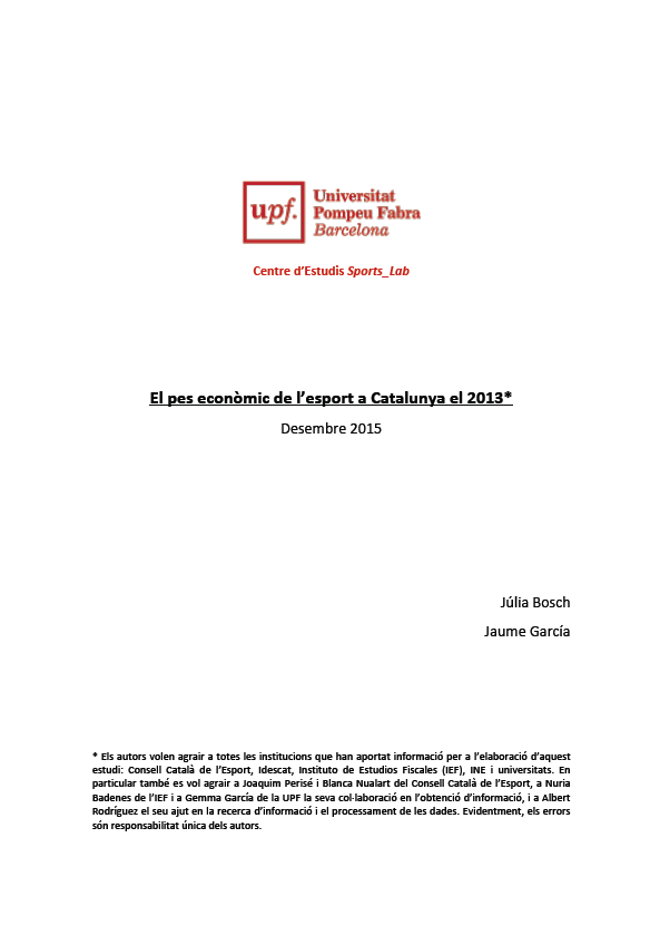 Secretaria General de l'Esport (2015). <br /><i>El pes econòmic de l'esport a Catalunya el 2013</i>